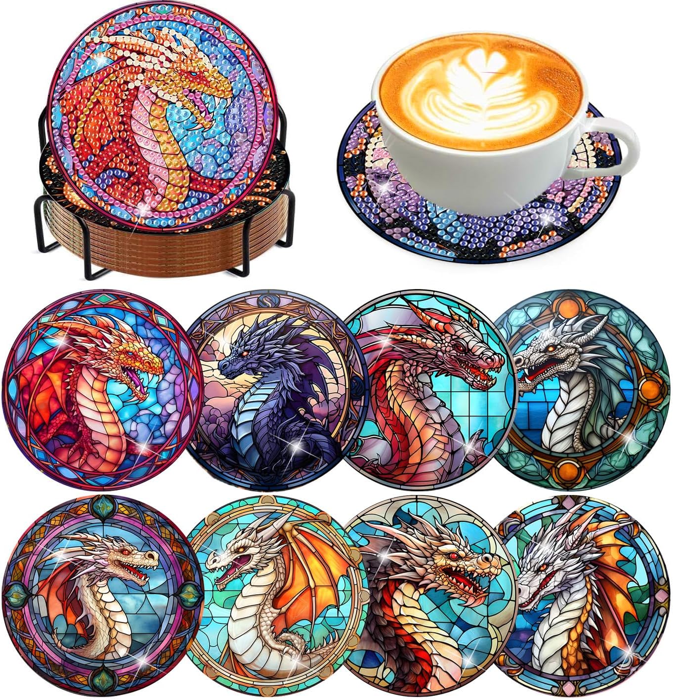 Meothan 8 Pcs Diamond Art Coasters Kits for Adults with Holder Cork Pads, Dragon Diamond Dots Art Painting Coasters Crafts Kit for Home Office Decor (Stained Glass Style)