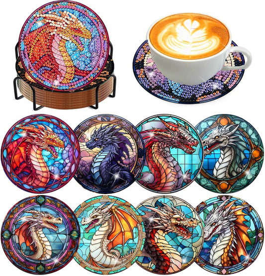 Meothan 8 Pcs Diamond Art Coasters Kits for Adults with Holder Cork Pads, Dragon Diamond Dots Art Painting Coasters Crafts Kit for Home Office Decor (Stained Glass Style)