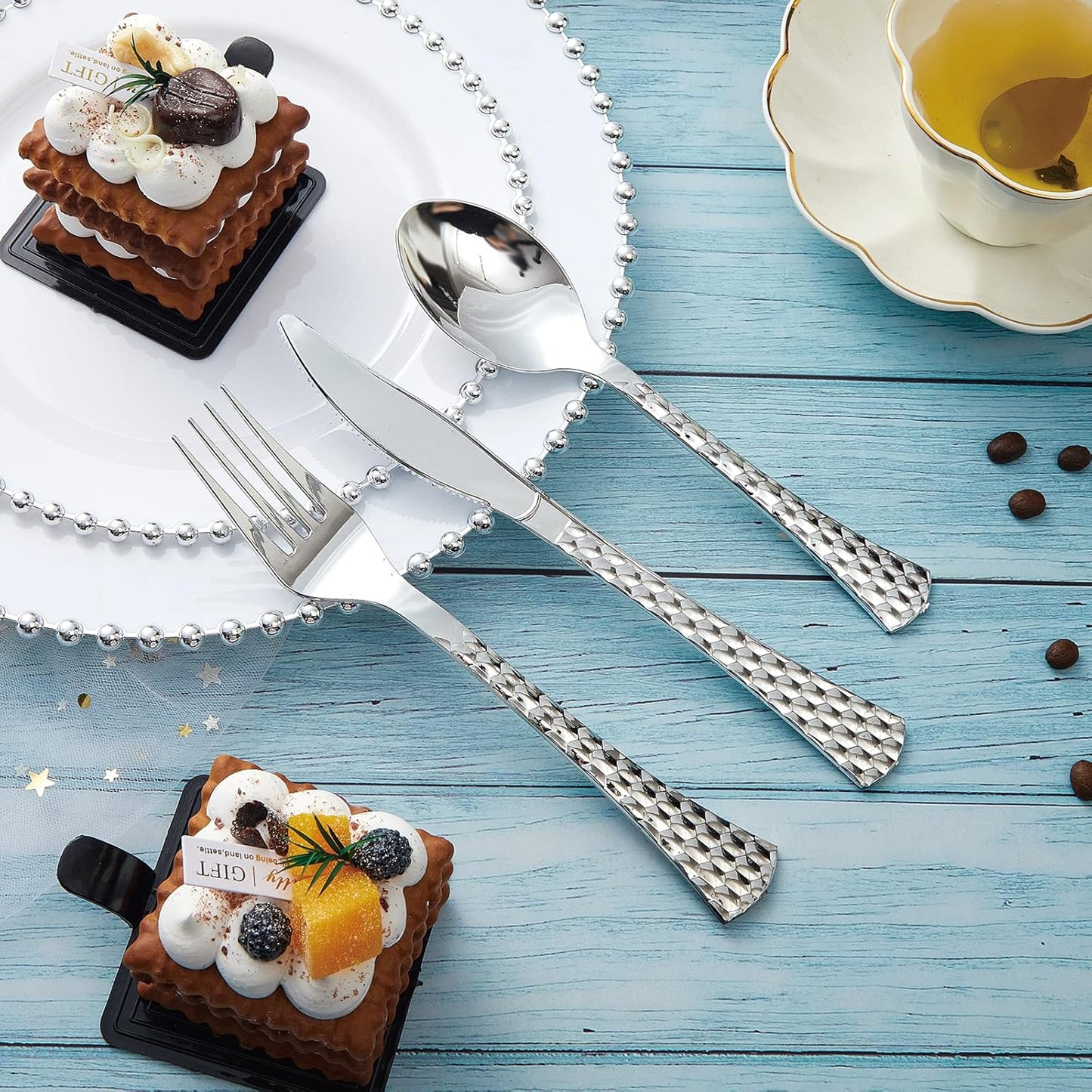 HOMIP 75Pcs Fancy Disposable Dinnerware Party Set, 15 Dinner Plates 15 Dessert Plates with Silver Bead Rimed, 15 Silver Spoons, 15 Knives, 15 Forks, Plastic Silverware for Wedding Birthday Party