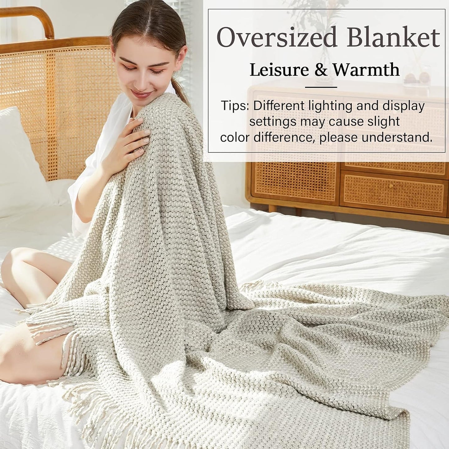 Blagic Grey and White Knit Throw Blanket with Tassel| Home Decor Blanket| Holiday Throw| Wrap Shawl Scarf, Lightweight Soft Cozy Warm Fluffy, Wheat Textured, 50" W x 60" L