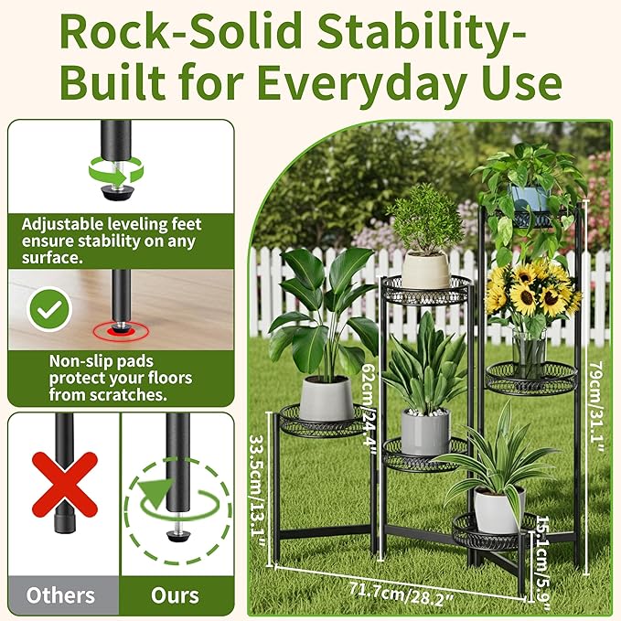 6 Tier Large Plant Stand Indoor with 7.9-Inch Wide Drainage Tray, Tiered Corner Metal Outdoor Flower Display Holder Shelf, Folding Tall Rack for House Patio Porch Balcony Graden - BlackFlower