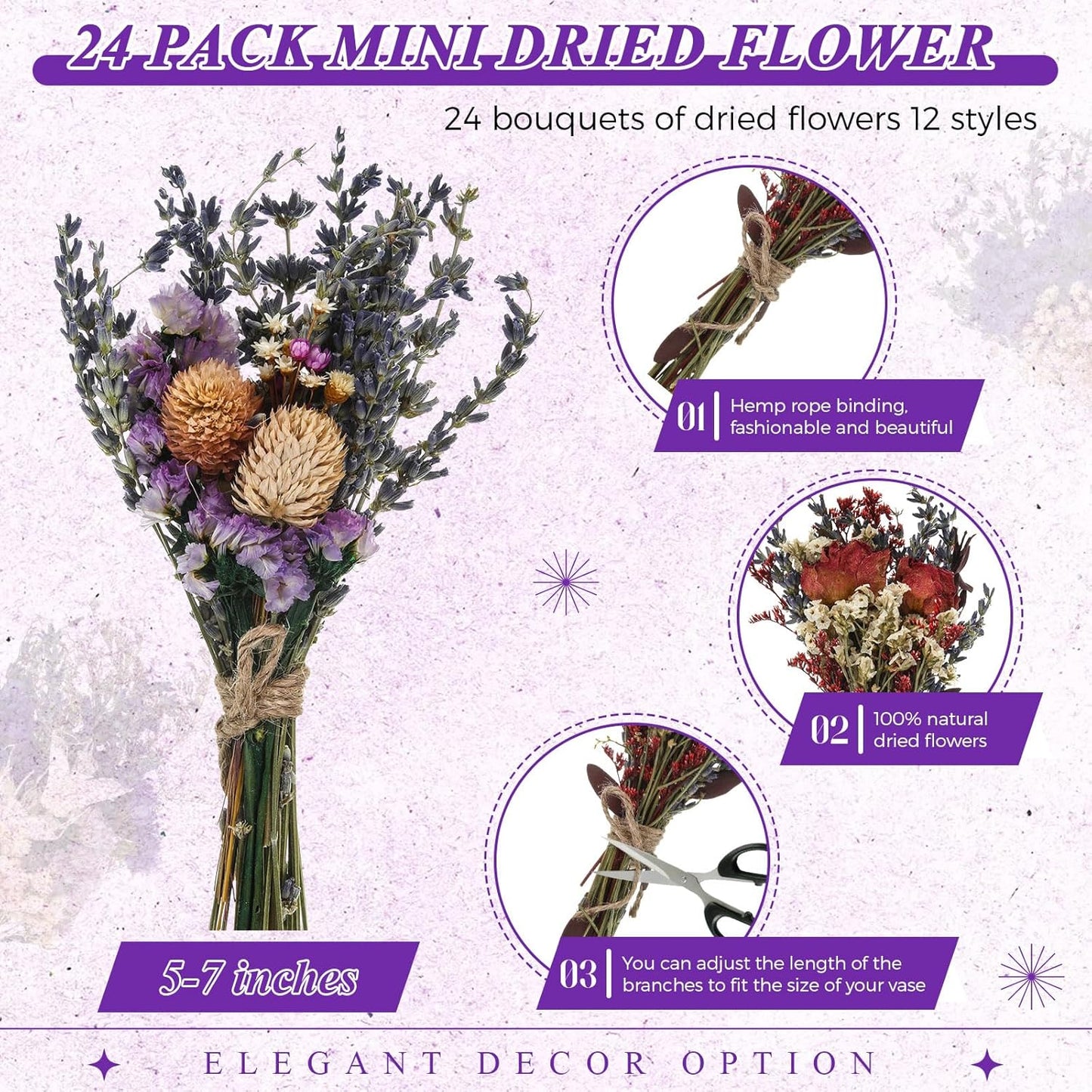 Layhit 24 Pcs Boho Dried Flower Bouquet Mini Wedding Handmade Dry Flowers Decor for Vase Crafts DIY Photo Boutonniere for Men Floral Plant for Bridesmaid Gift Birthday Decor (Lavender)
