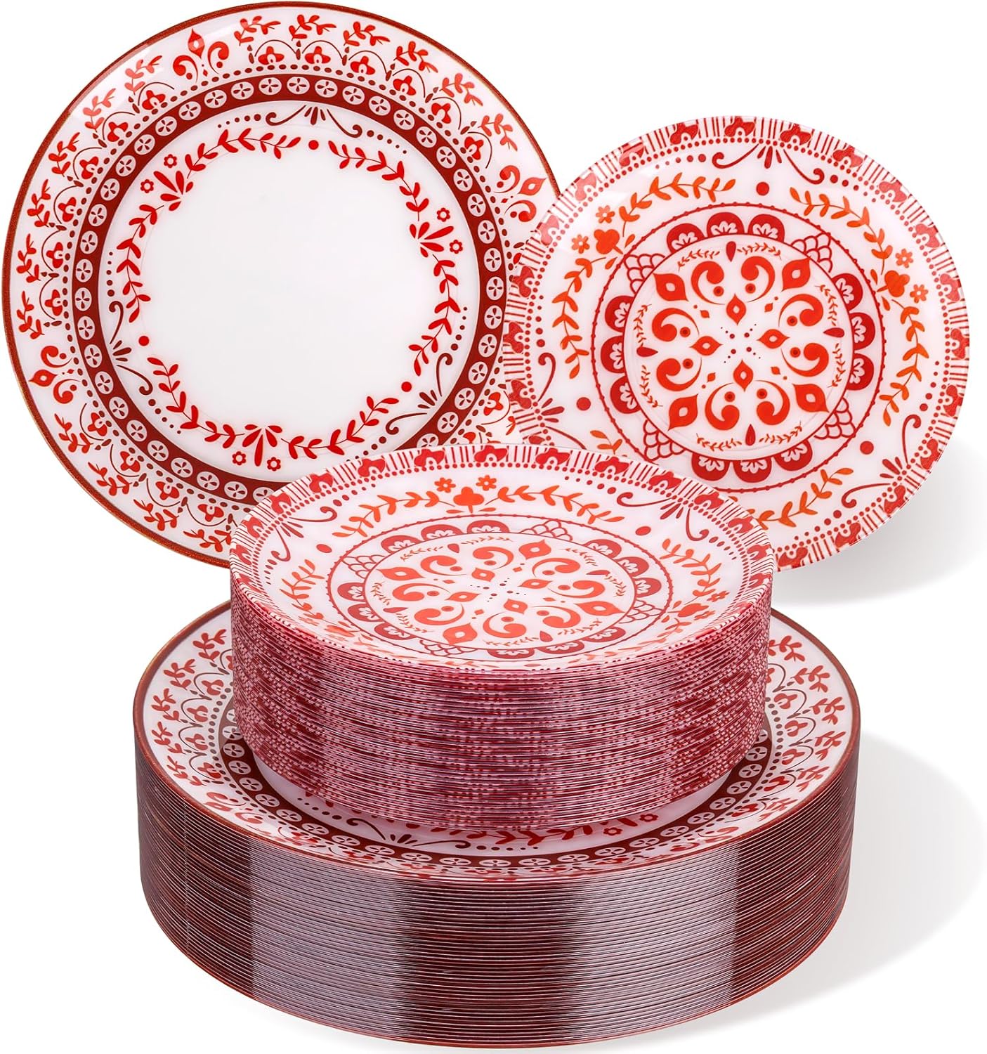 Hioasis 60pcs Red Plastic Plates Set - Floral Red & White Porcelain Design, 10.25" Dinner & 7.5" Dessert Plates Disposable for Wedding/Party (Dishwasher Safe, Traditional Style)