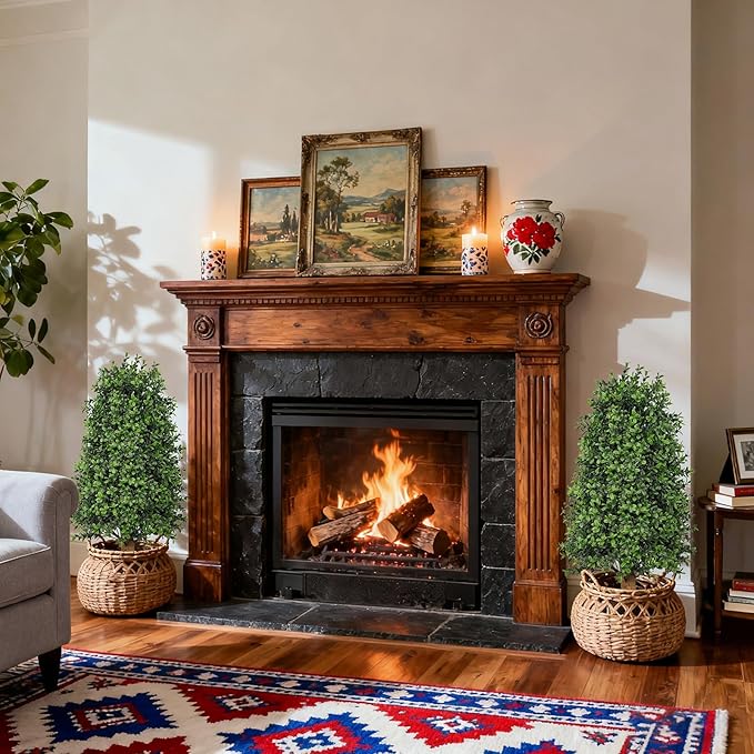 30 inch Artificial Boxwood Tree Topiary, Set of 2 Faux Potted Topiary for Outdoor Planter, Lush Foliage & UV Resistant Fake Boxwood Bushes for Front Door Porch Entrance Balcony Decor