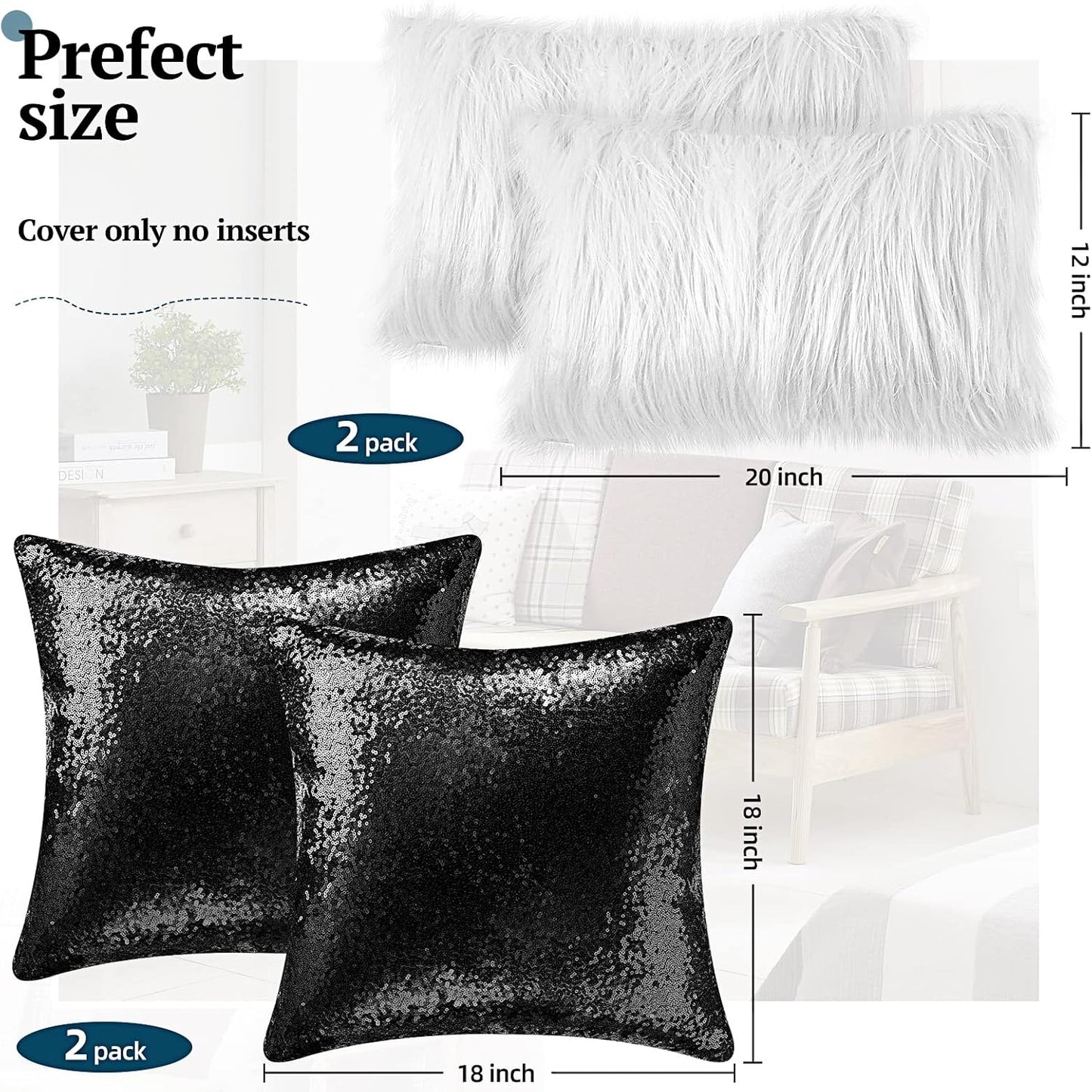 Irenare 4 Pcs Sequin and Fluffy Pillow Covers Winter Throw Pillow Cases Soft Cushion Cover for Couch Bed Sofa Xmas Day(18 x 18 Inch, 12 x 20 Inch,White, Black)