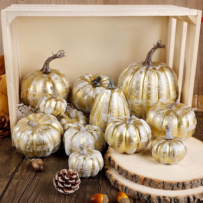 winemana 12 Pcs Thanksgiving Pumpkin Decorations, Assorted Sizes Artificial Foam Golden Pumpkins Fall Autumn Decor for Harvest Table Home Indoor Outdoor