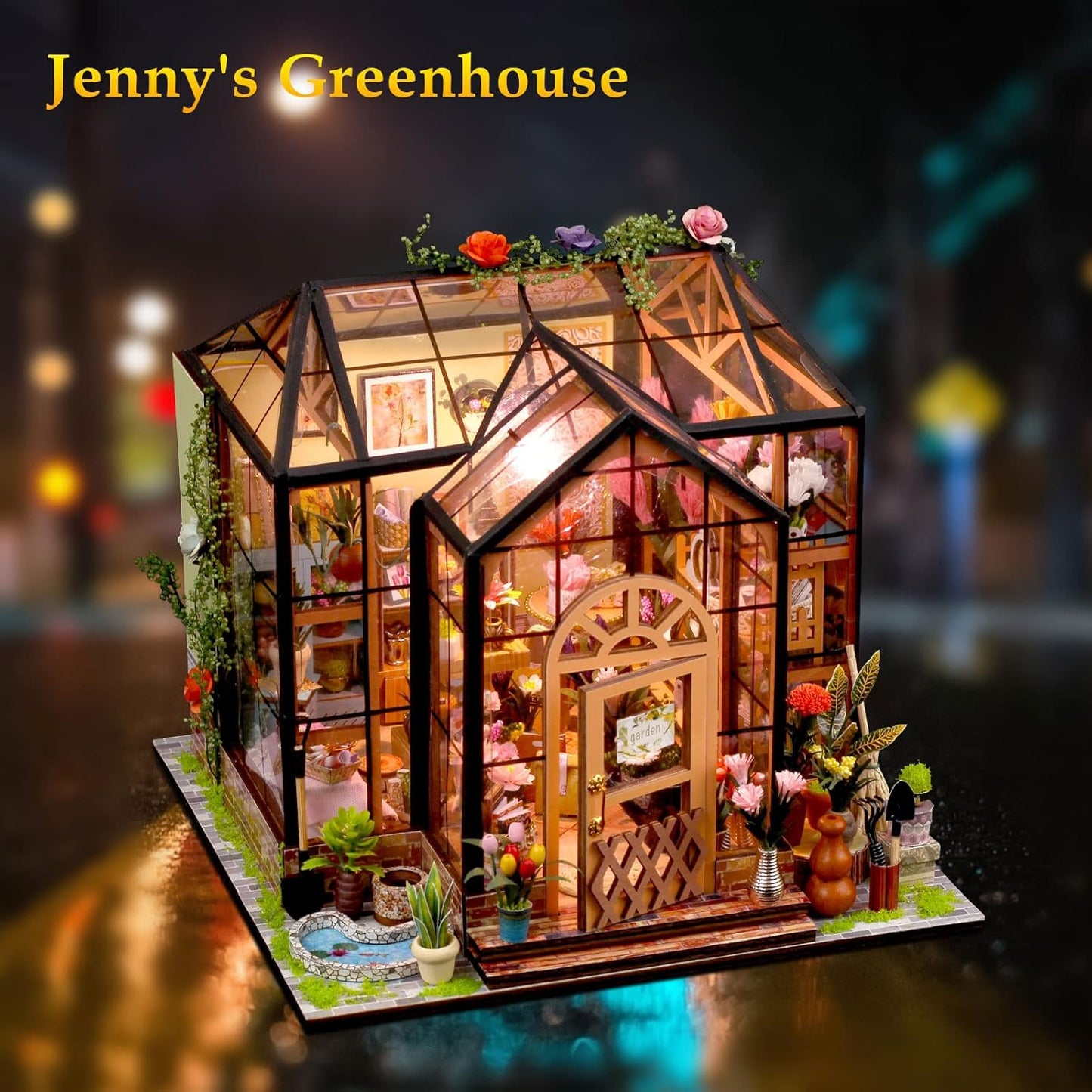 GuDoQi DIY Miniature Dollhouse Kit, Tiny House with Furniture, 1:24 Scale, Handmade Gift for Birthday Christmas Day, Jenny Greenhouse Flower Shop