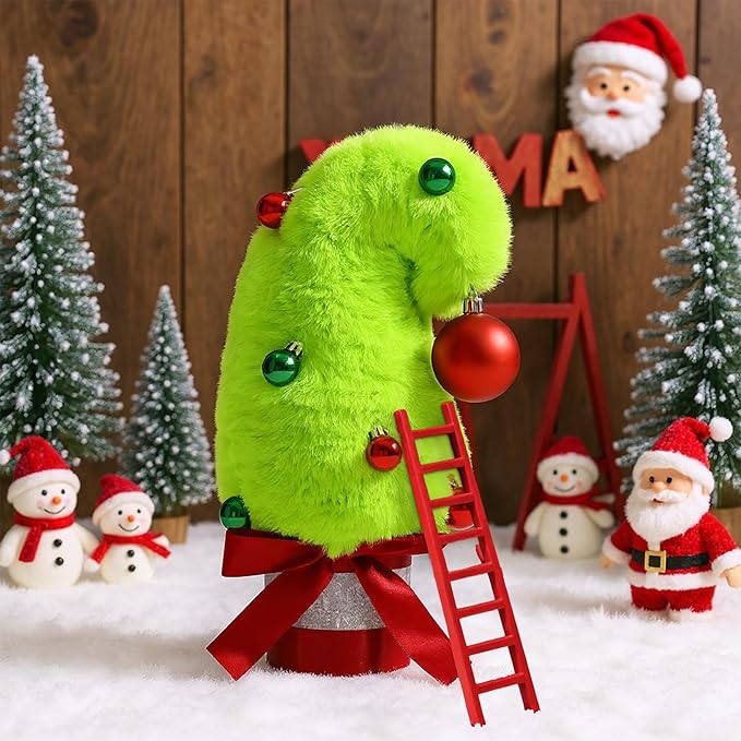 1FT Mini Tabletop Christmas Tree, Small Whimsical Lime Green Christmas Tree with Red Ball Top & 11Pcs Small Red Green Balls, Plush Fur Surface Xmas Decor for Table Home Office Holiday Party
