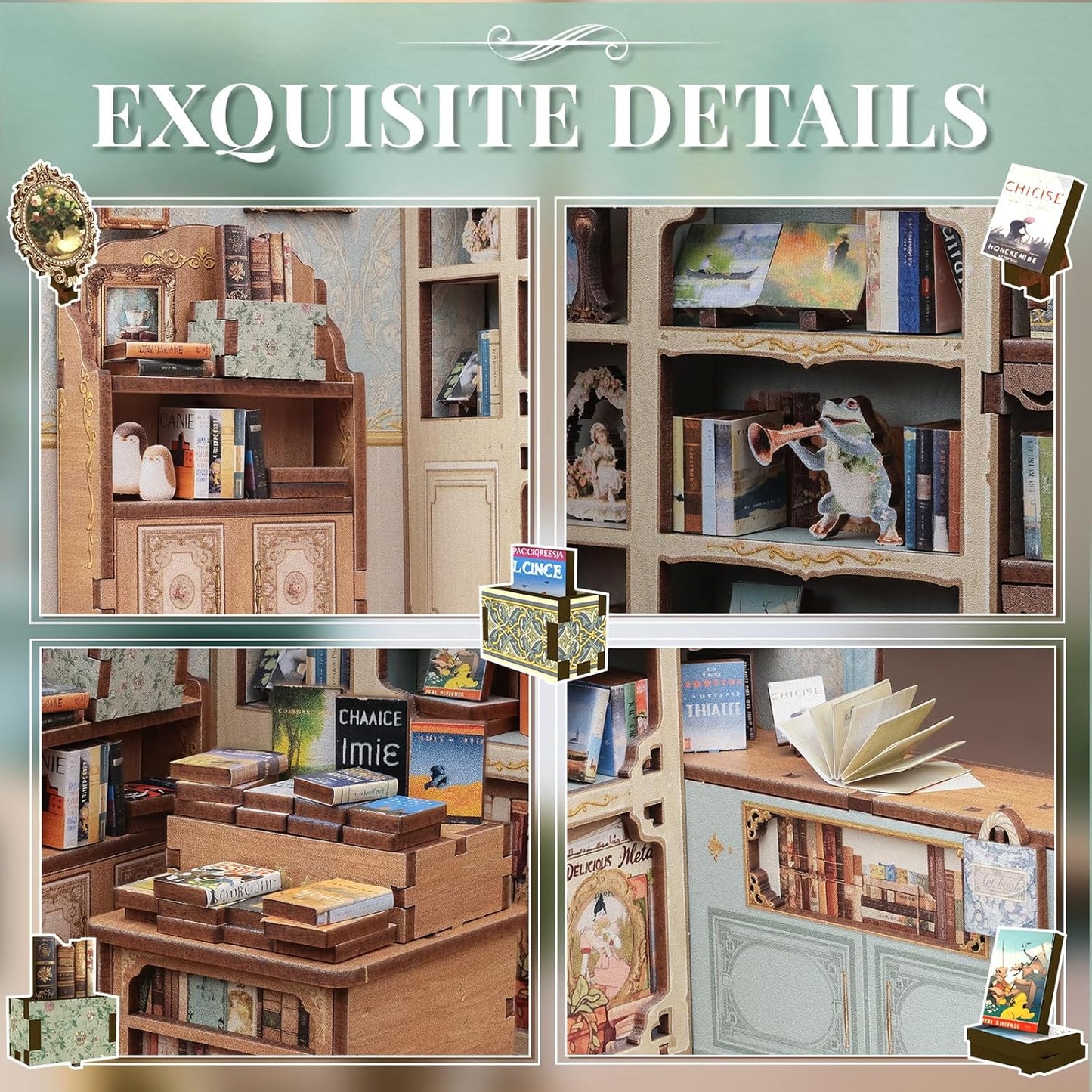 Cutefun Book Nook Kit - DIY Miniature Dollhouse Kit 3D Creative Decorative Bookend 3D Wooden Puzzle for Adults, Bookshelf Insert Library Decor with LED Light (Muse Bookstore)