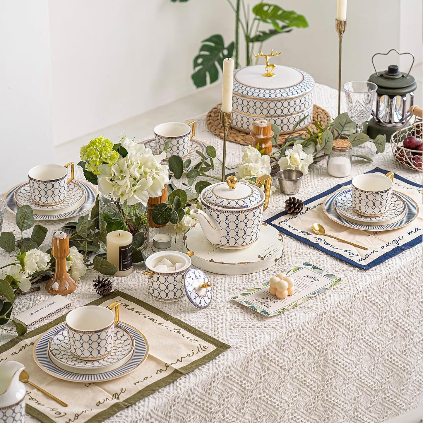 CwlwGO-Ceramic Coffe Cups and Saucer Sets,British Bone China Blue Gold Tea Cup and Saucers Service for 4,Gifts Box, China Tea Set, Tea Sets for Women and Adults.