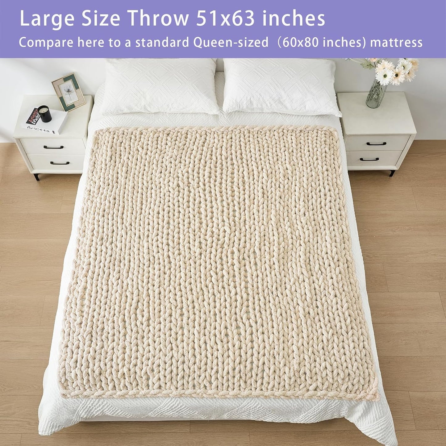 Bigacogo Chunky Knit Throw Blanket for Couch, 51x63 inches, 100% Hand Knitted with Thick Jumbo Chenille Yarn, Cozy Soft Large Rope Knot Cable Crochet Blankets for Sofa Bed Living Room, Beige