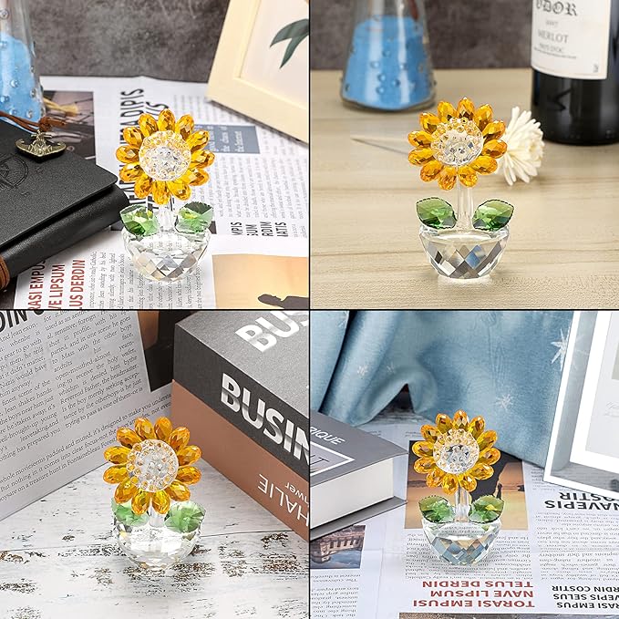 OwnMy Crystal Sunflower with Bud Glass Sunflower Figurine Collectible, Small Sunflower Ornament Paperweight Table Decoration with Gift Box, Glass Bouquet Flowers Centerpieces for Home Decors