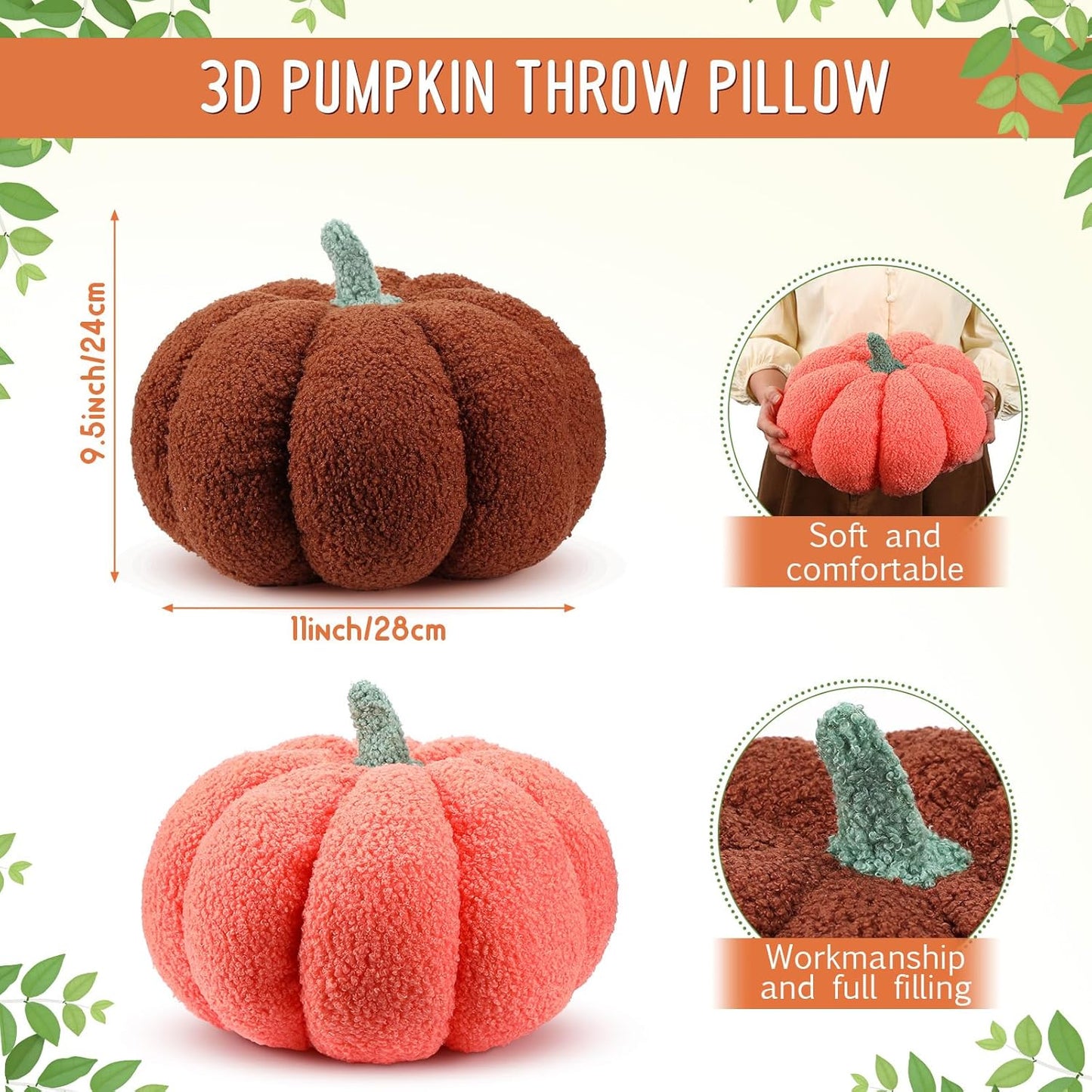 Kajaia 2 Pcs Simulated Pumpkin Pillow Plush 11 x 9.5 Inch 3D Cushion Fall Decorations Stuffed Throw Pillows Toy for Thanksgiving Christmas Halloween Bedroom Sofa Couch Supplies (Orange,Brown)