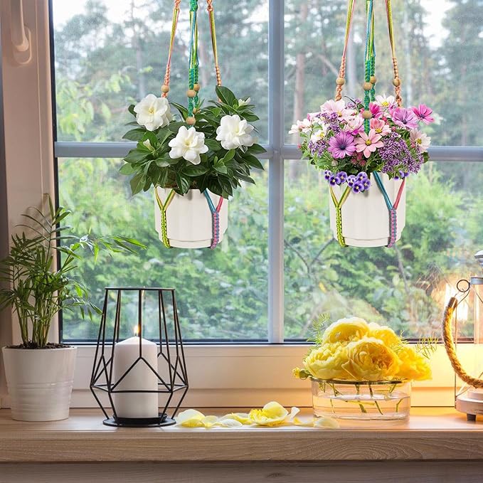 Macrame Plant Hanger, Hanging Planter Basket with Wood Beads, Decorative Boho Flower Pot Holder for Indoor and Outdoor, Rainbow, 35 Inch Set of 2 (POTS NOT Included)