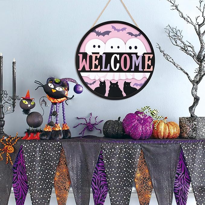 TOARTi 3D Halloween Welcome Front Door Sign Hanging(11.4x11.4''), Rustic Ghost Black Cat Bat Wall Sign Plaque, Farmhouse Halloween Wooden Wall Decor for Home Classroom Office