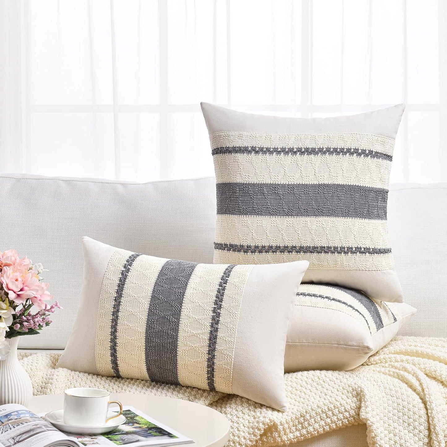 Fancy Homi Set of 2 Neutral Grey Farmhouse Euro Decorative Throw Pillow Covers 26x26 Inch for Couch Bed Chair, Vintage Country Rustic Retro Room Decor, Soft Thick Cotton Handmade Woven Cushion Case