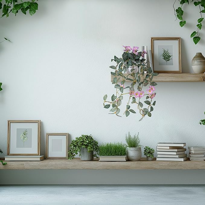 2PCS Artificial Hanging Plant with Pot Faux Hanging Plants Small Hanging Plants Pot with Artificial Vines and Flower Greenery Decoration for Living Room Wall Home Wall Shelf(Pink)