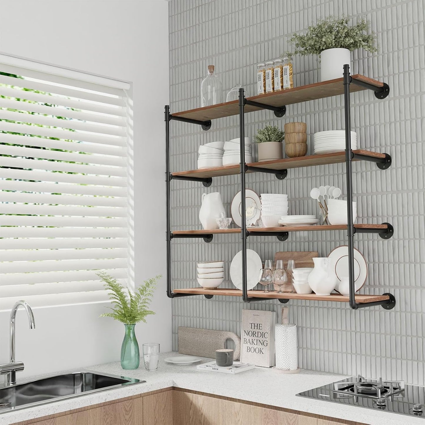 Industrial Pipe Shelf Brackets Wall Mount, Open Black Pipe Shelving for Kitchen,Floating Shelf Brackets Mount,Open Bookshelf Brackets for Shelves,Wall Shelves 12 Inch Deep,(2PcsX3Tier,47" Tal)