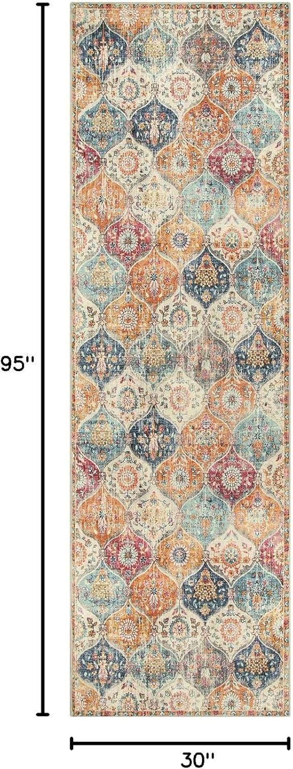 Lahome Moroccan Hallway Runner Rug, 2'5''x8' Ultra-Thin Washable Runners for Hallways Kitchen, Oriental Laundry Room Rug Non-Slip Vintage Long Carpet for Entryway Bedroom Bathroom, Cream/Multi