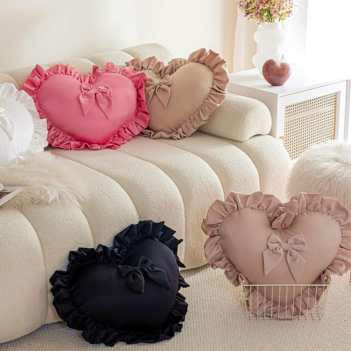 Heart Pillows, Cute Ruffled Heart Shaped Throw Pillows with Bow Soft Stuffed Love Decorative Pillow Cushion for Sofa Couch Bed Girl Room Chair Car Living Room, Rose Red