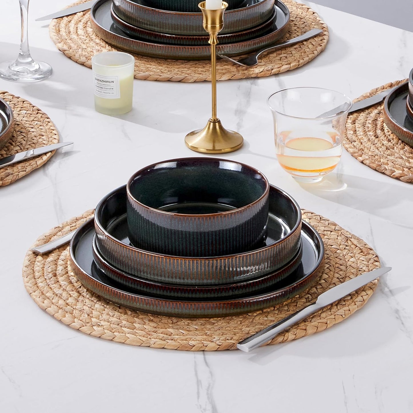 E-far 16 Piece Dinnerware Sets, Plates and Bowls with Pasta Bowls Service for 4, Modern Stoneware Ribbed Dishes for Kitchen Dining, Microwave & Dishwasher Safe, Blackish Green