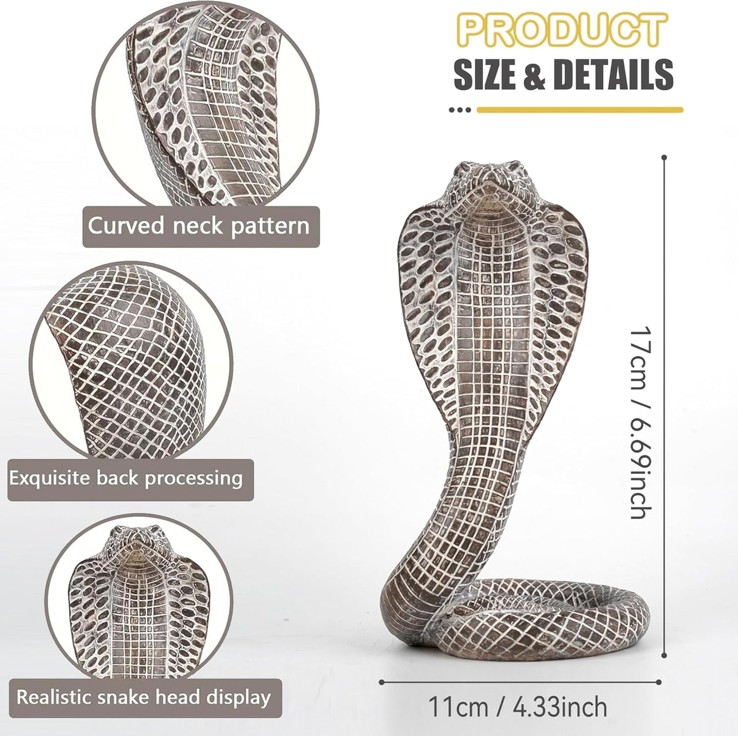 King Cobra Snake Statue Realistic Snake Resin Figurine Handcrafted, Indoor/Outdoor Animal Ornaments for Home Office Garden Yard Decor, Unique Gift for Collectors, Brown