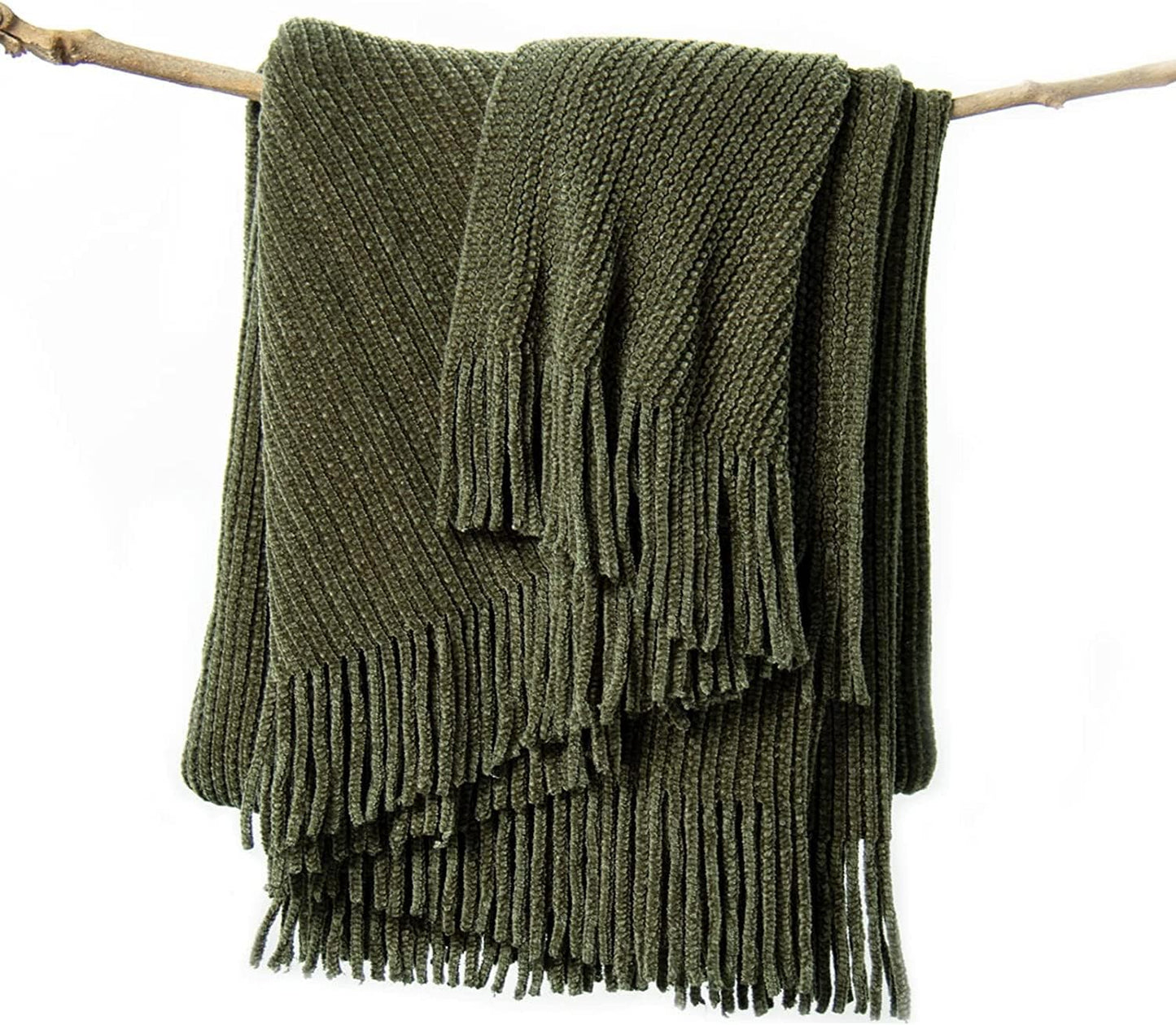 lifein Throw Blanket for Couch, Soft Green Boho Decor Bed Throw,Cozy Knitted Chenille Farmhouse Lightweight Throw (Olive Green,60 * 80")