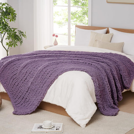 L'AGRATY Chunky Knit Blanket Throw: 60''x80'' Chenille Chunky Knitted Throw Blanket for Bed Couch - Handmade Thick Big Cable Knit Blanket - Large Crochet Rope Blanket for Home Decor(Deep Purple)