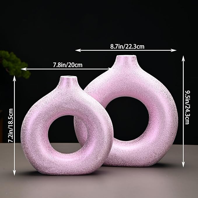 Set of 2 Donut Hollow Ceramic Vase Handmade Minimalist Boho ins Style, Modern Vase for Home Decor for Wedding Dinner Table Party Living Room Office Bedroom (Purple-Gold, Extra Large + Large)