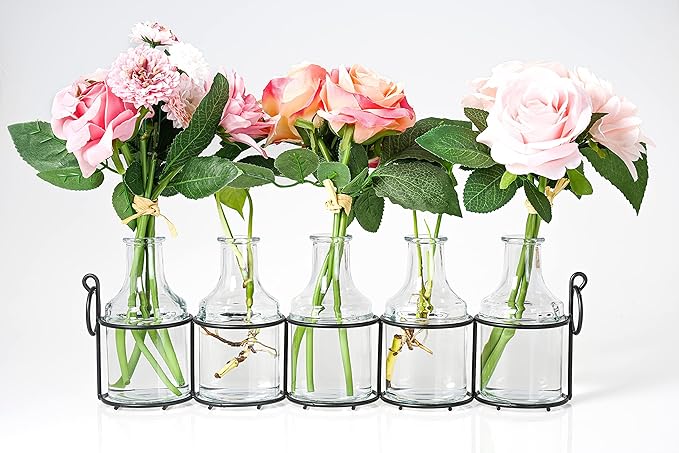 5pc Glass Flower Vase with Metal Holder, Best Vases for Flowers, Set for Home Decor, Wedding Decorations, Table Decor, Kitchen, Bathroom, Bedroom, Shelf Decor, Best Modern Vase for Flower Arrangement