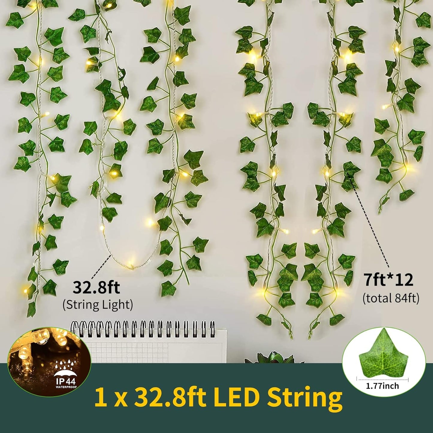 KASZOO 84Ft 12 Pack Artificial Ivy Garland Fake Plants, Vine Hanging Garland with CE Certified 80 LED String Light, Hanging for Home Bedroom Garden Party Wedding Wall Room Decor, Green