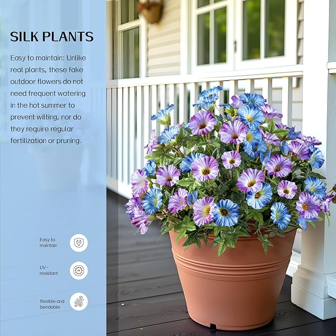 UV Resistant Artificial Petunias 13.3In Fake Flowers Artificial Flowers for Outdoors Silk Flowers Fake Hanging Basket Plants Suitable for Outdoor Porch Decor Patio Decor (Blue Purple, 4PCS)