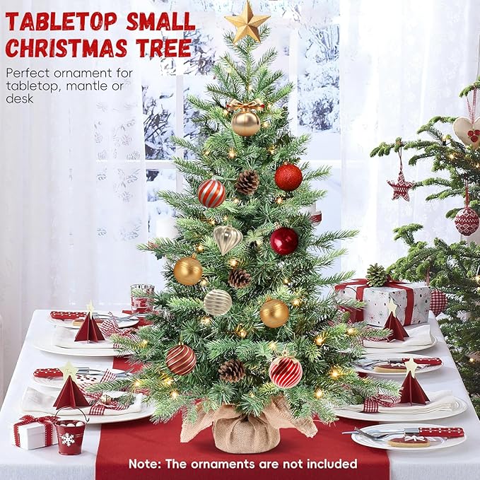 3ft Pre-lit Small Christmas Tree Artificial Nordic Spruce Mini Table Top Christmas Tree with 70 LED Lights 315 PE & PVC Mixed Branches Tips Burlap Wrapped Base Xmas Tree for Home Office Decor