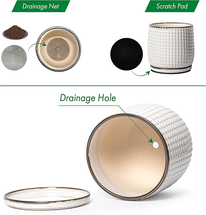 D'vine Dev Set of 2 Ceramic Plants Pots, 6 Inch Beaded Stoneware Flower Pot for Plants with Drainage Hole and Saucer, Smoked White, 27-E-X-1