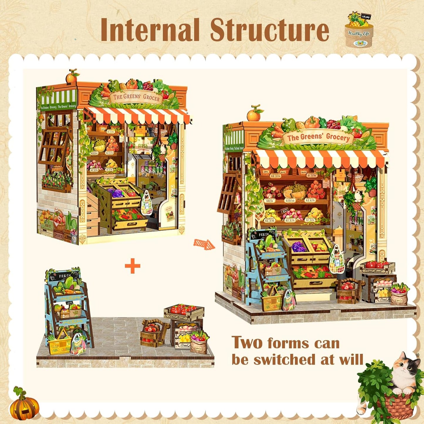 CUTEBEE Book Nook Kit - DIY Miniature House Dollhouse Kit for Adults, Booknook Tiny House Bookshelf Decor 3D Wooden Puzzle Model Building Set, Gifts for Family and Friends (The Greens’ Grocery)