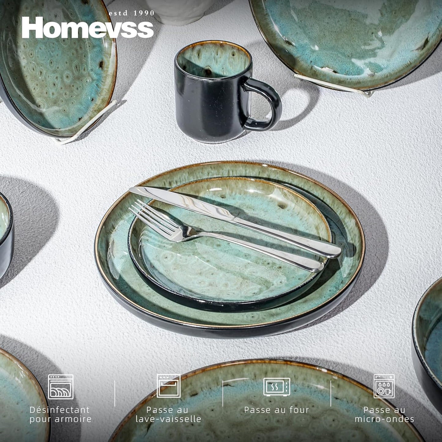 Euro-Nordic Stoneware 20pc Dinnerware Set, Reactive Glaze (Bubble Green, 20pc Set)