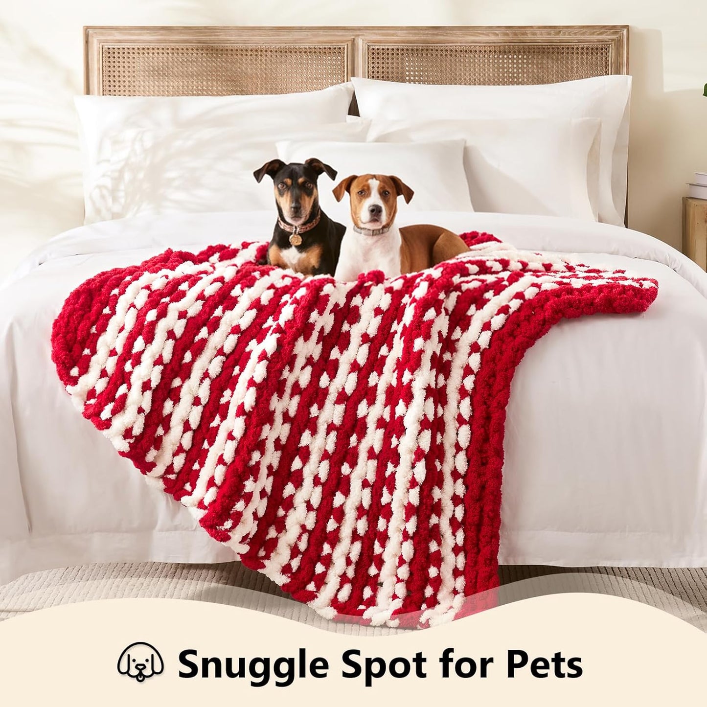 L'AGRATY Chunky Knit Blanket Throw - Soft Chunky Throw Blanket 30x40: 100% Hand Kintted Chenile Crochet Throw Blanket for Couch - Large Cable Knit Chunky Blanket for Home Decor(Red and White)