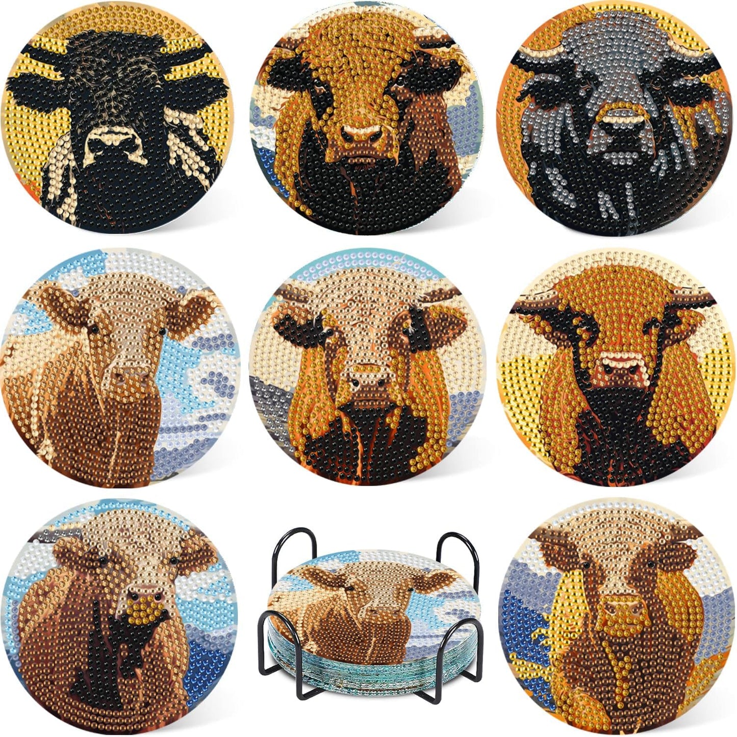 Leatrice 8PCS Cow Diamond Art Coasters Small Diamond Painting Kits for Adults Beginners Women Gem Art Coasters with Holder Funny DIY Crafts for Home Decor