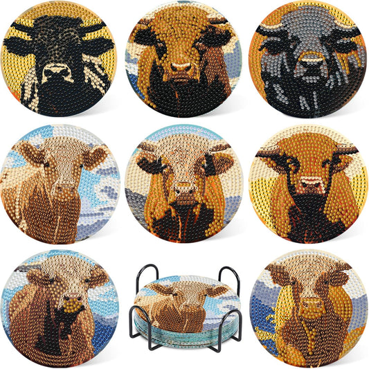 Leatrice 8PCS Cow Diamond Art Coasters Small Diamond Painting Kits for Adults Beginners Women Gem Art Coasters with Holder Funny DIY Crafts for Home Decor