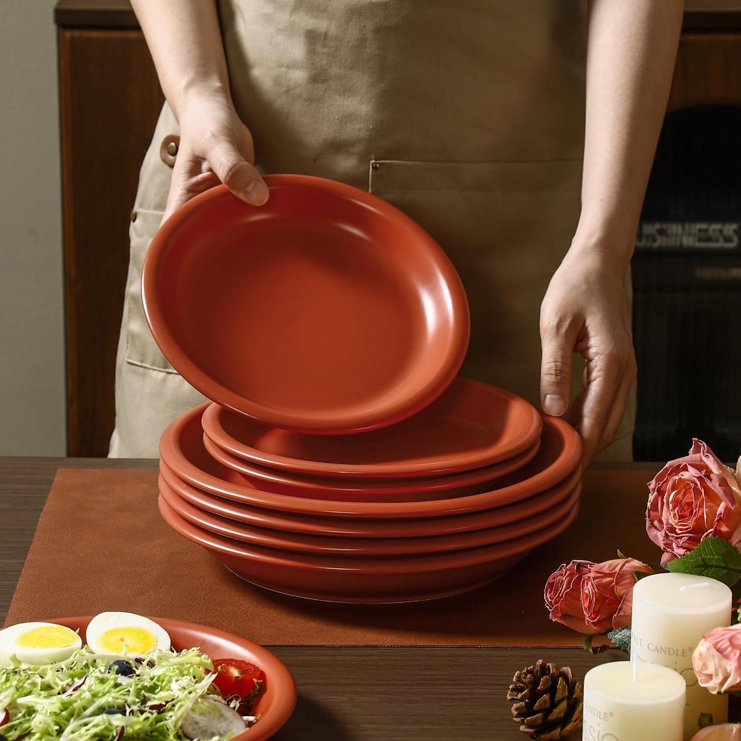 GZG 8 Inch Ceramic Dinner Salad Plates Set of 4, Rustic Matte Glaze Stoneware Dinnerware Set, Microwave & Dishwasher Safe, for Salad, Dessert, Appetizer, Everyday Use(Terracotta Blush)