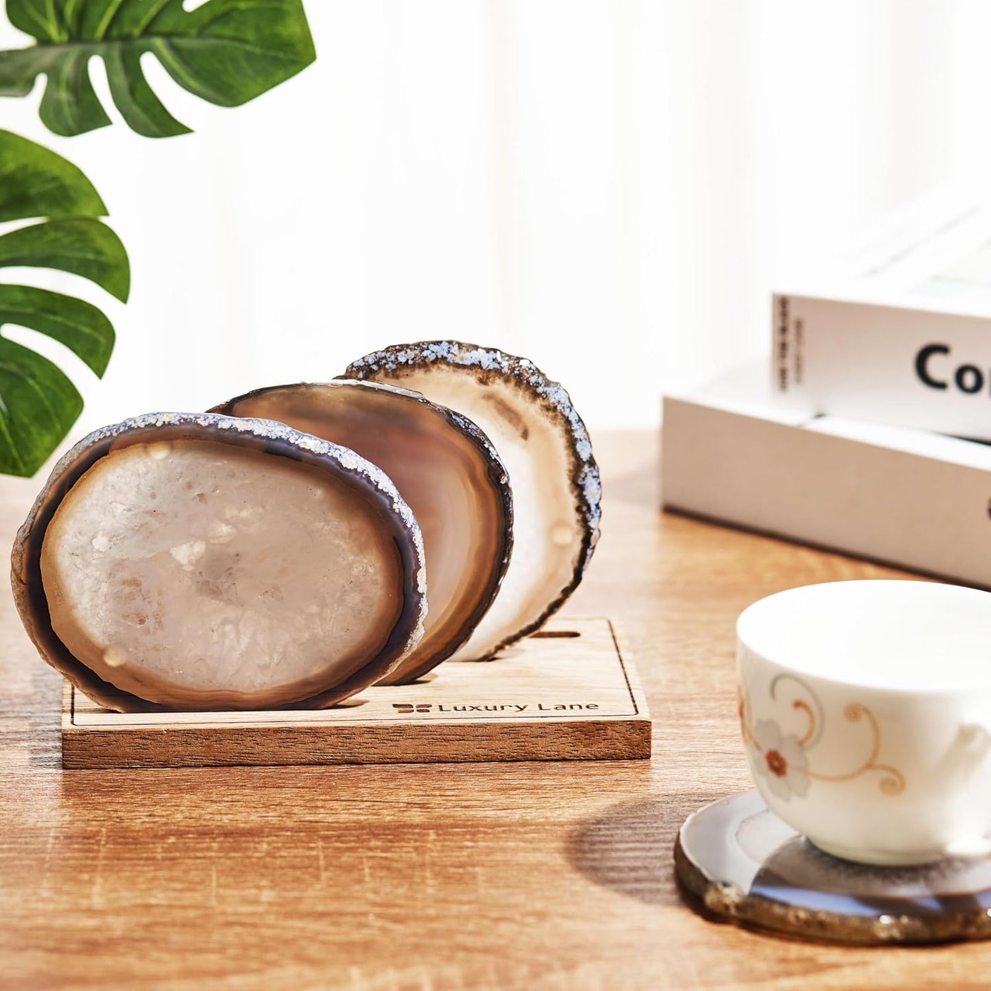 Luxury Lane Set of 4 Large Natural Brazilian Agate Slice Geode Rock Stone Drink Coasters with Wood Holder 4.3-4.7 inch Centerpiece Table Decoration, Ash Gray