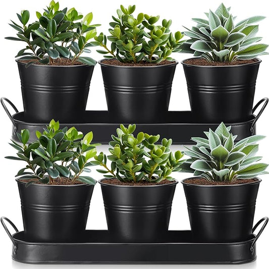 Hicarer 2 Sets Herb Planter with Tray Metal Herb Garden Planter with Drainage Farmhouse Windowsill Pots for Indoor Plants Flower Succulent Outdoor Kitchen Apartment Balcony Window (Black)