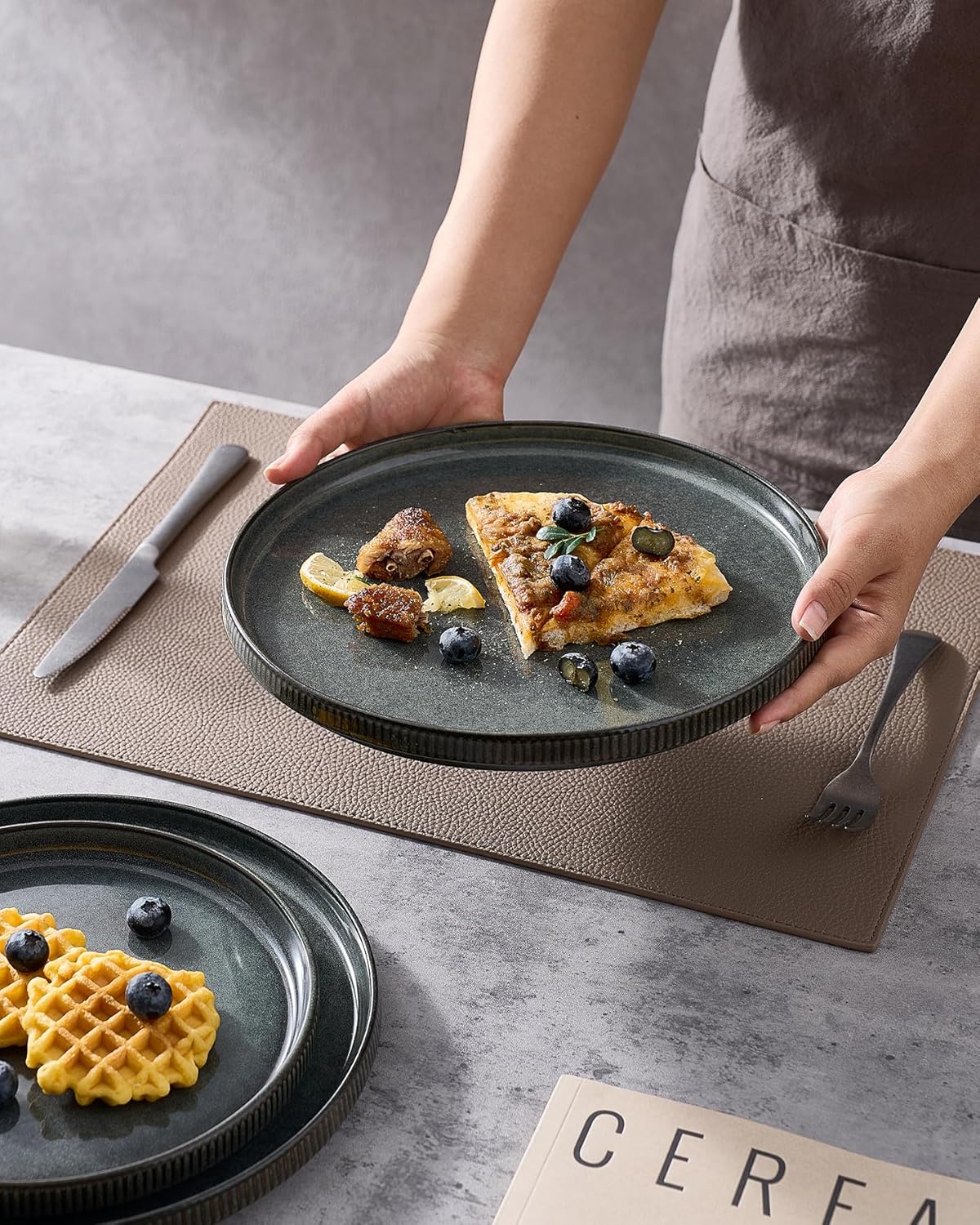 famiware Star Salad Plates for 6, 8 inches Plate Set, Stoneware Dinnerware, Small Dinner Plates for Dessert, Salad, Appetizer,Deep Forest