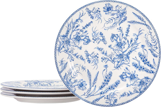 Bico Blue Garden Toile De Jouy Salad Plates Set of 4, 8.75 Inch Ceramic Dessert Plates for Salad, Appetizer, Side Dishes, Microwave and Dishwasher Safe, Gift for Housewarming and Thanksgiving