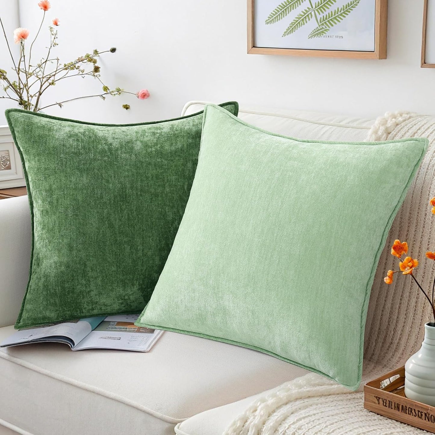 decorUhome Couch Throw Pillow Covers 22x22 Set of 2, Decorative Soft Euro Neutral Chenille Pillow Covers with Elegant Design for Sofa Bed Living Room Home Decor, Sage Green
