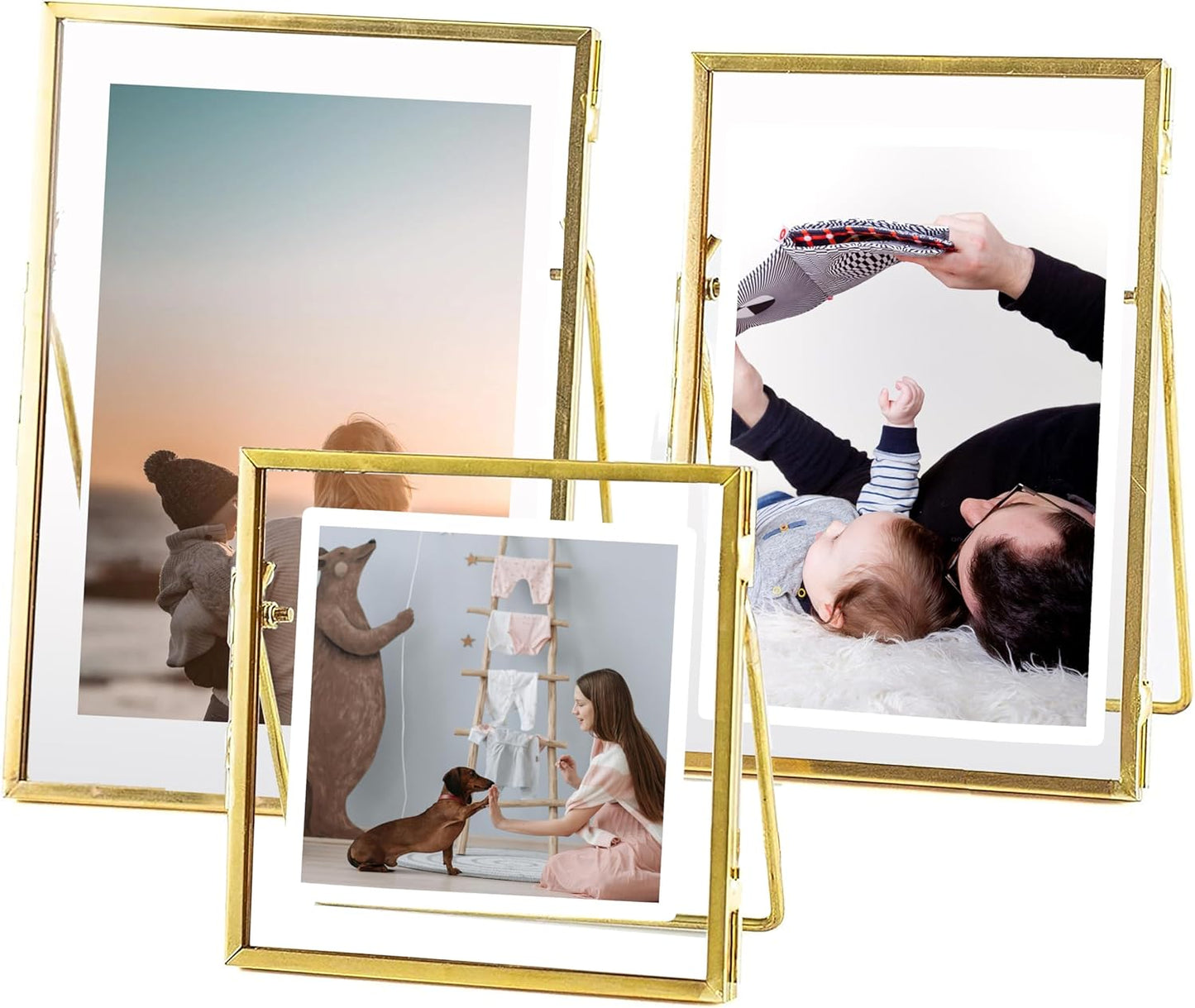 Gold Picture Frame - 4x6 Antique Brass Postcard Picture Frame for Desk - Small Pressed Glass Frame for Pressed Flowers - Floating Vertical (3 different sizes (4 * 4, 4 * 6, 5 * 7))