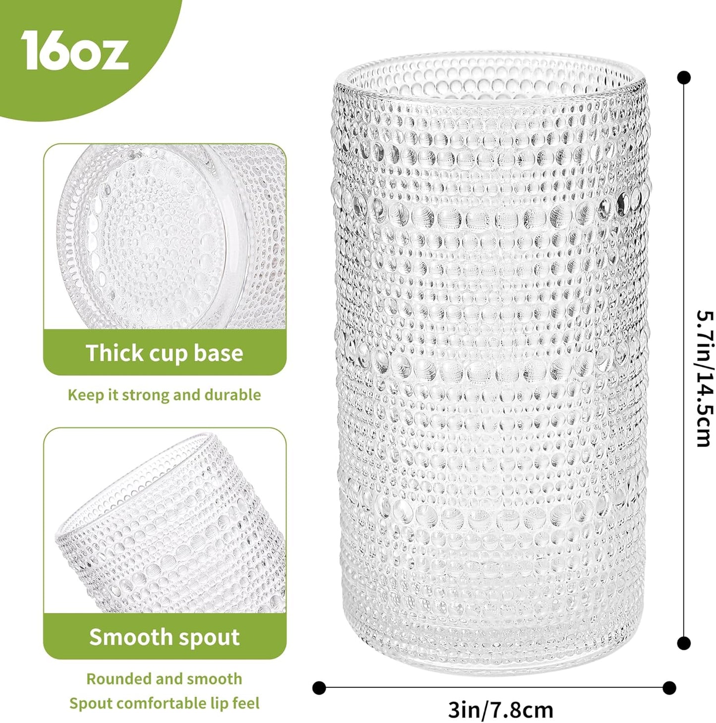 Large Vintage Hobnail Drinking Glasses Set of 6, 16oz Clear Highball Glasses Cups, Kitchen Water Glasses Cup, for Cocktail, Juice, Whiskey, Milk and Various Mixed Drinks