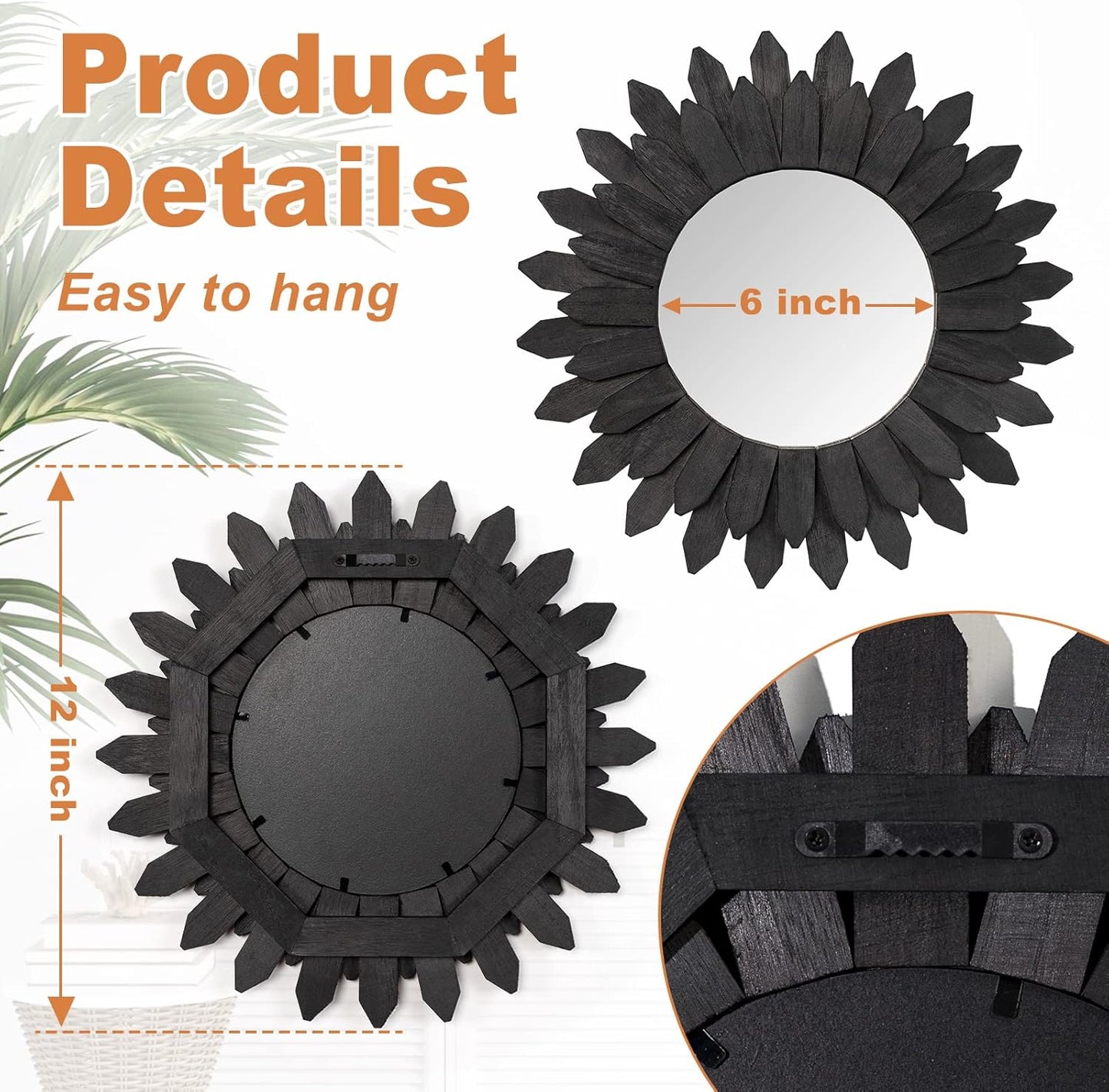 Emfogo Wall Mirror 12 inch Rustic Wood Sunburst Boho Mirror Farmhouse Wall Decor Room Decor Home Decor for Bedroom Living Room Entryway (Vintage Black)