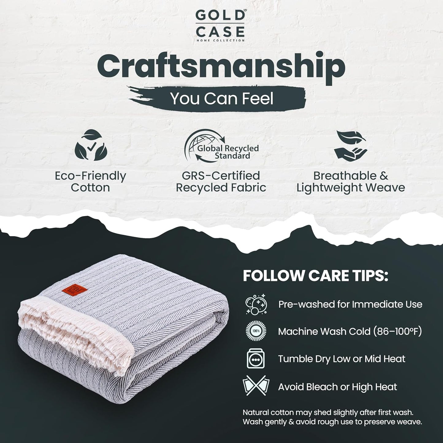 Gold Case Throw Blanket for Bed - 100% Recycled Turkish Cotton Blanket - Retro Lightweight Soft Throw Blankets for Bed & Living Room - Twin Size Cozy Blankets - 71x90 - Grey