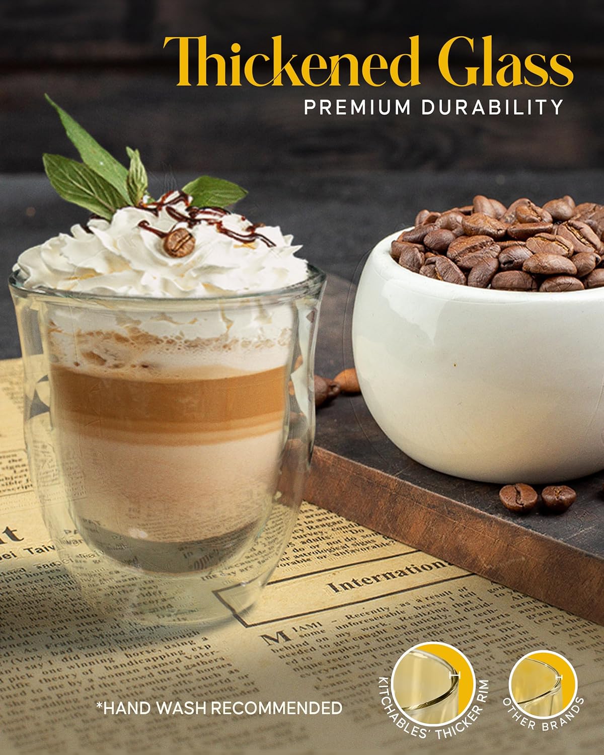 Kitchables Double Walled Glass Coffee Mugs Set of 4, 6oz Insulated Glass Coffee Mugs for Cappuccino, Latte, Tea, Espresso - Demitasse Latte Cup - Tazas Para Cafe